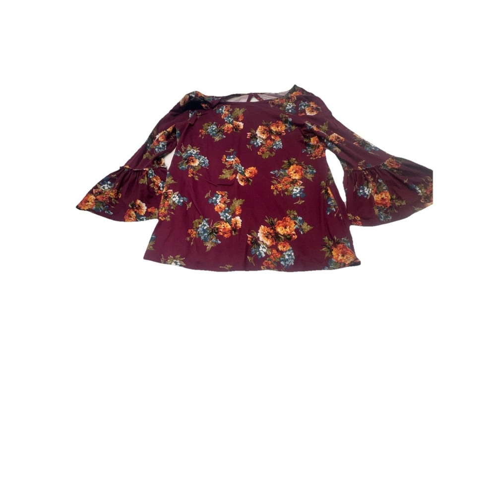 Nine Britton Women's Red Blue Floral 3/4 Flare Sleeve Top Stretch Keyhole Small